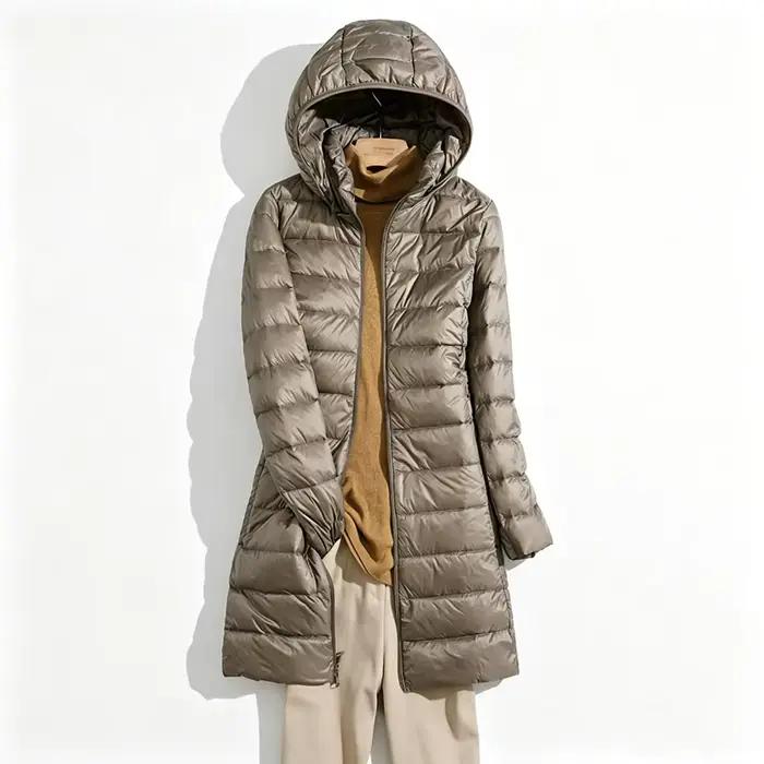 Veste chaude d'automne et d'hiver pour femmes, veste longue légère avec chapeau amovible pour femme de bureau, du S au 5XL