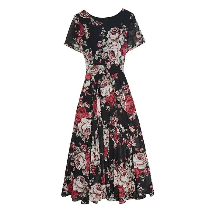Vintage noir Chic bal Midi robes 2025 été nouvelle mode en mousseline de soie robe florale femmes élégant moulante luxe fête longue robe