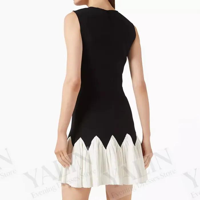 Mini robes de cocktail noires pour femmes, col rond, sans manches, robe de soirée simple, mode drapée, robes décontractées personnalisées