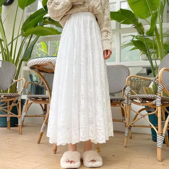 Jupes longues Maxi pour femmes printemps été coréen mignon Style princesse élastique taille haute a-ligne jupe en dentelle florale blanc noir