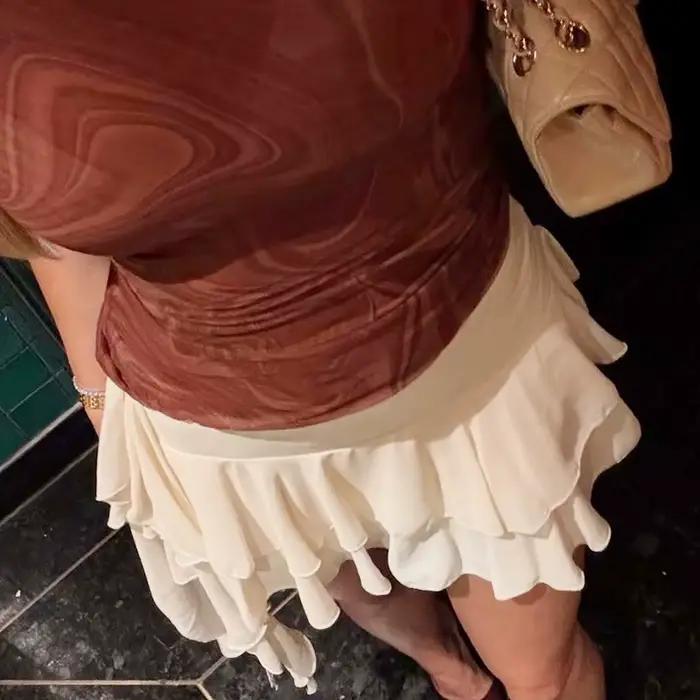 HXAO jupe en mousseline de soie superposée short dames mode Mini taille haute à lacets culottes femme à volants Beige