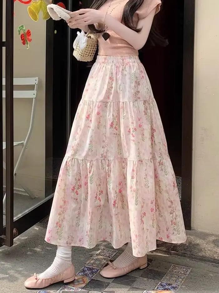 Zoki mignon jupes longues à fleurs femmes élégant taille haute rétro jupe douce japon décontracté ample tout Match