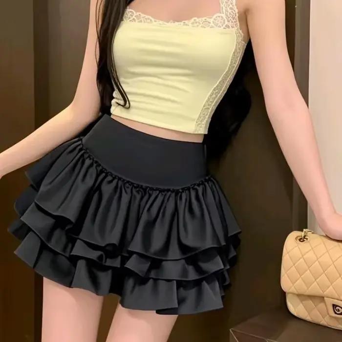 Mini-jupe à volants superposés taille haute avec short intégré pour femme et adolescente