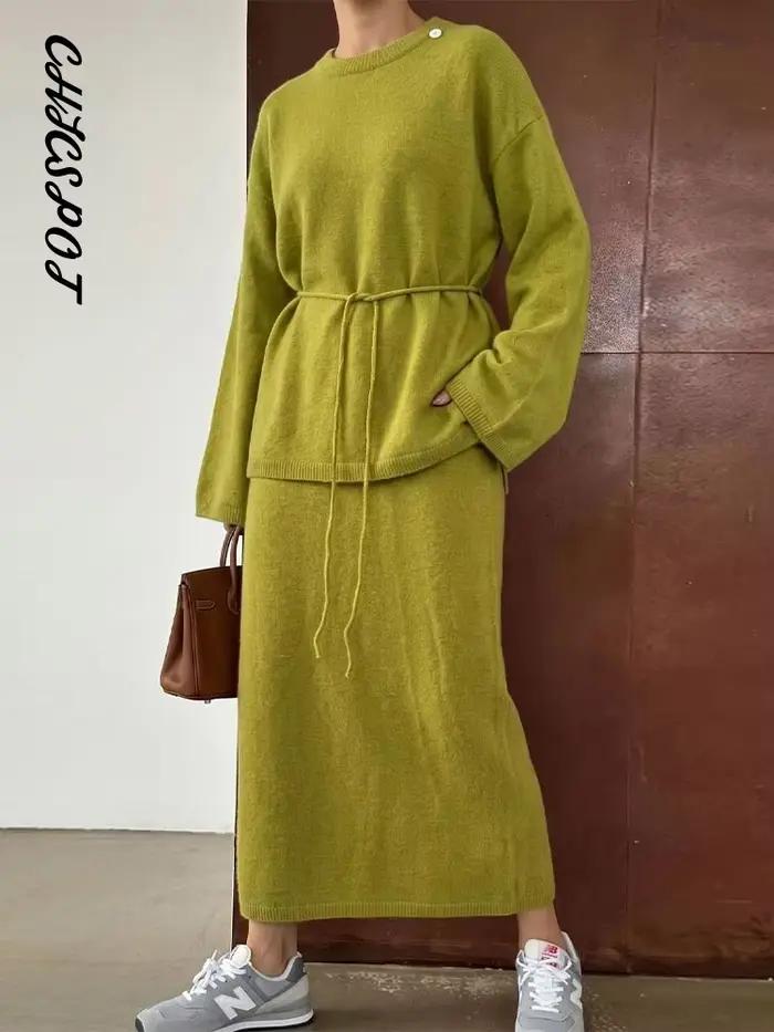 Ensemble 2 pièces jupe longue et pull tricoté pour femme – Élégant, col rond, manches longues, lacets, maille, jupes droites, tenues chics pour le bureau