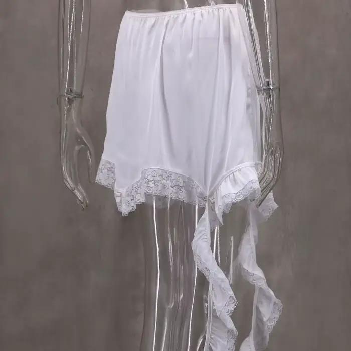 Été décontracté solide jupe femme 2025 Sexy dentelle blanc asymétrique Midi jupes rue Chic Satin taille haute