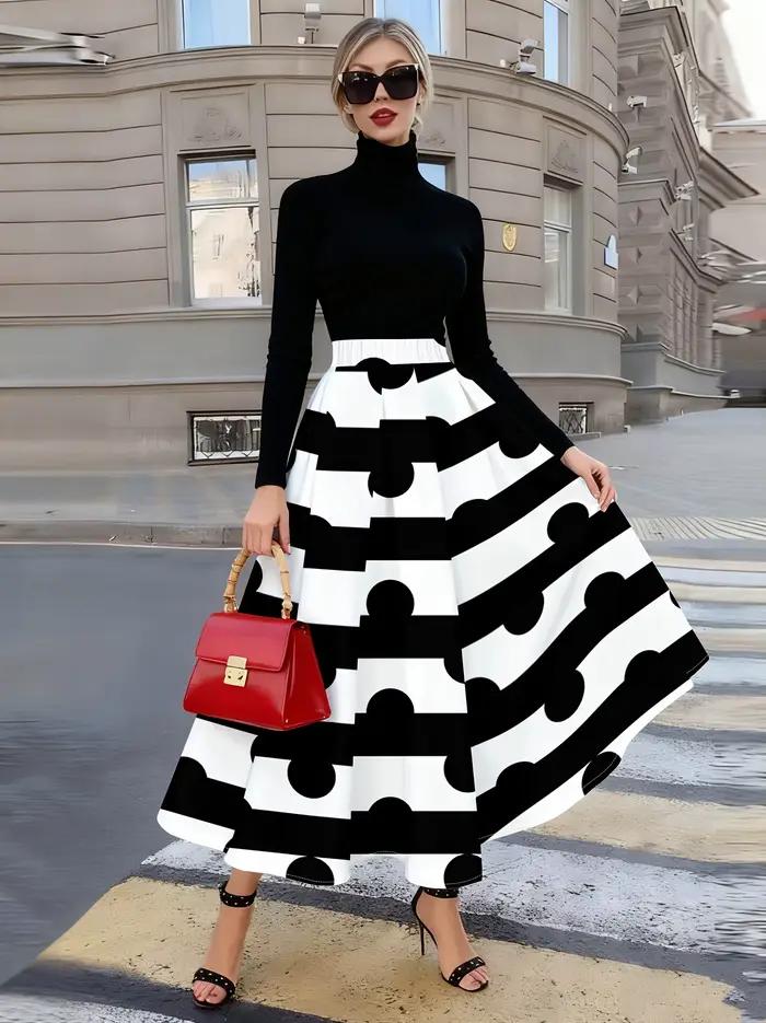 Jupe midi décontractée à pois et rayures noires et blanches pour femme, coupe trapèze, taille haute, idéale pour l'été, le bureau, les soirées et le travail, jupe tendance