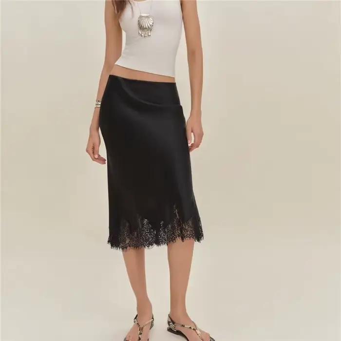Hirigin femmes soie Satin demi Slip jupes longues dentelle Patchwork taille élastique jupe longue élégante soyeuse