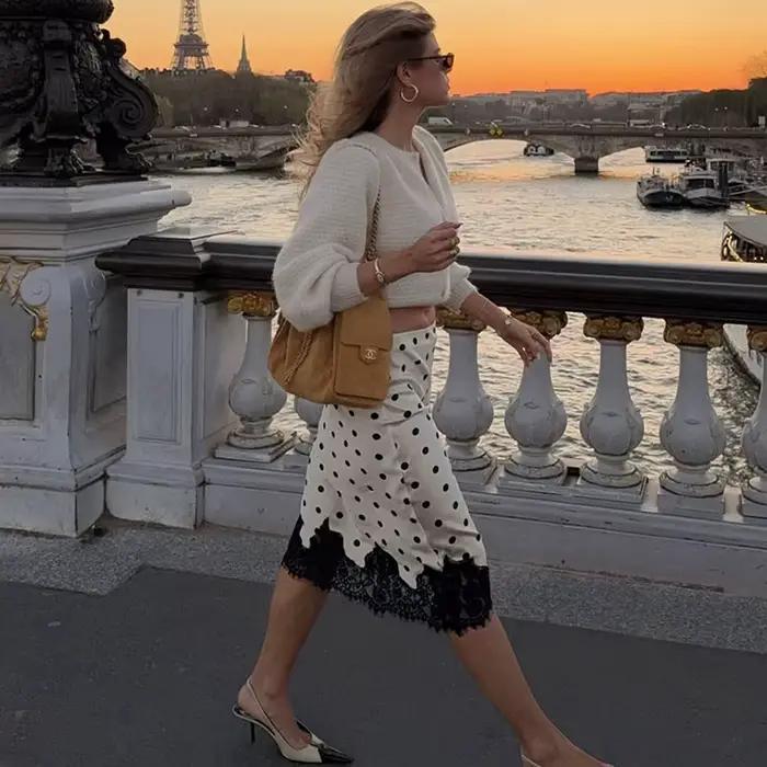 Jupe TARUXY en satin à empiècements en dentelle pour femmes, élégante, à pois, coupe droite mi-longue, pour printemps et été, bureau et soirées