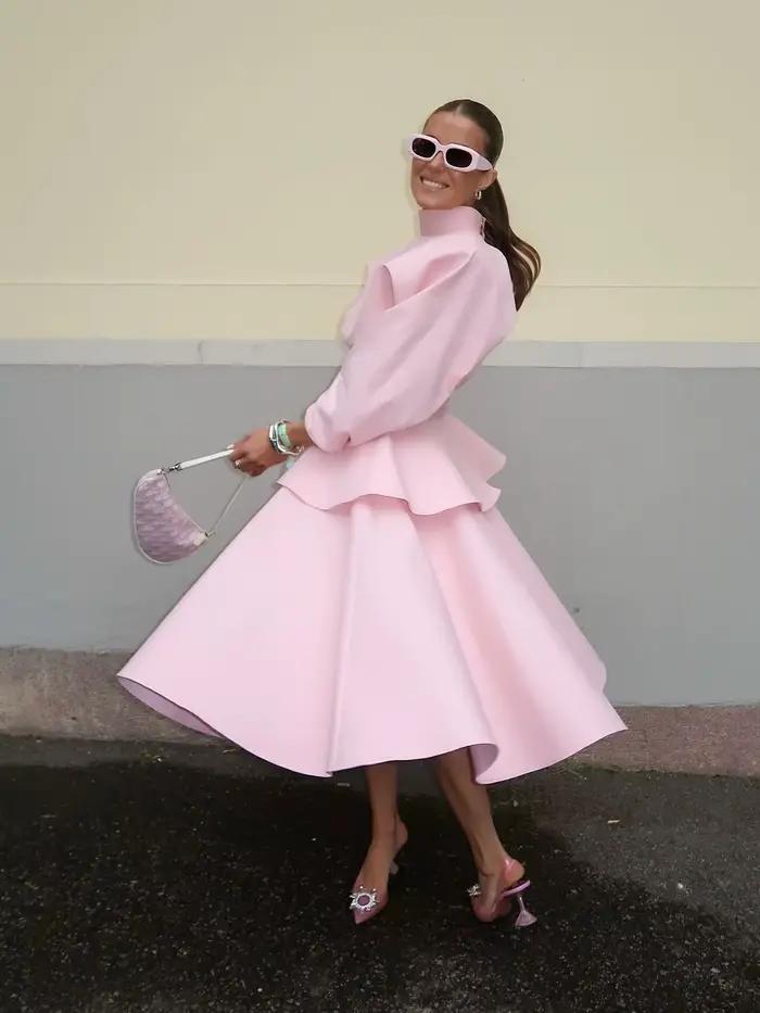 Jupe mi-longue plissée rose en tissu polyester de haute qualité