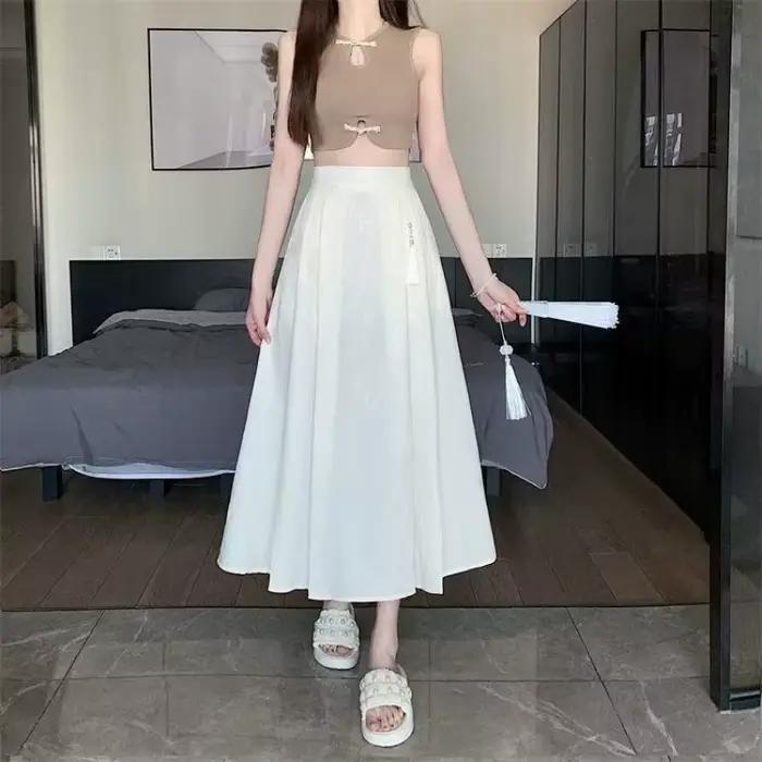 Nouvelle jupe de style chinois avec taille élastique, élégante et plissée