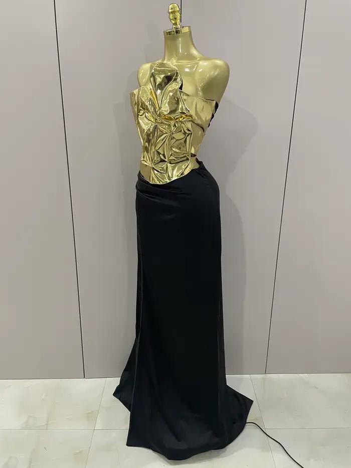 2025 nouveauté couleur or Sexy à lacets hauts 2 pièces ensemble robe longue femmes célébrer soirée célébrité robe élégante