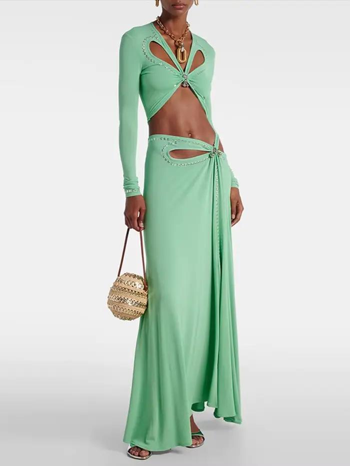 Ensemble jupe haut asymétrique à manches longues pour femmes soirée glamour occassions spéciales polyester chic élégant asymétrique fente haut court