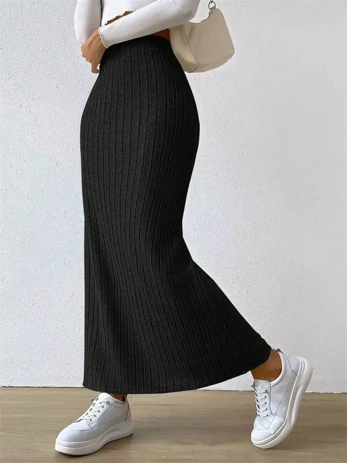 Femmes côtelé côté fendu Maxi jupe automne printemps décontracté élégant taille haute