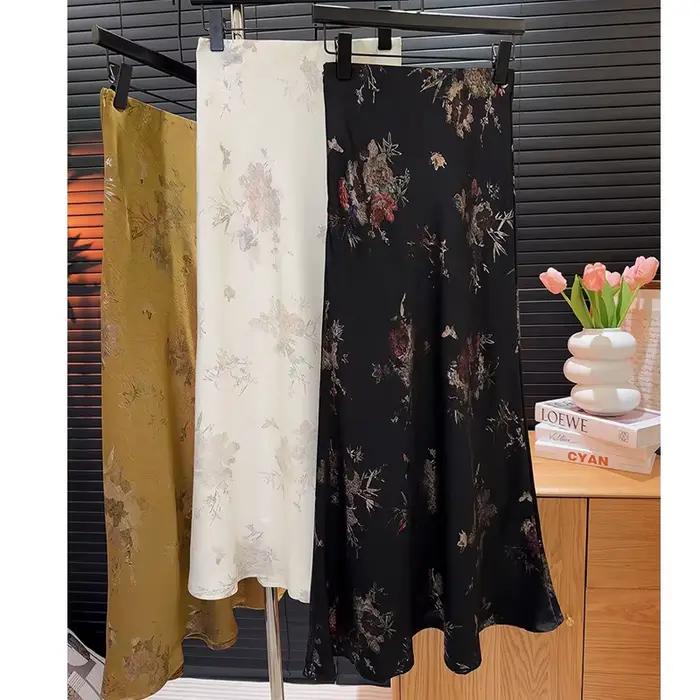 2025 nouveauté femmes élégant Vintage jupe taille haute fleur Sexy Satin Maxi jupes Faldas Femme Streetwear