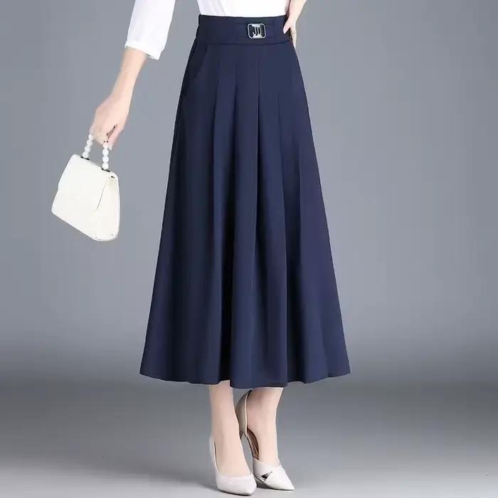 New Skirt Mid-length A-line Pleated Fashionable and Elegant Solid Color Versatile Casual High-waisted Large Hem