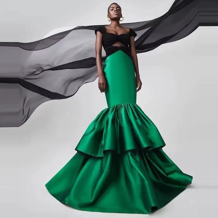 Jupe sirène en satin vert taille haute pour femme, jupe longue à plusieurs niveaux, sur mesure, vêtements astronomiques pour adultes, Autuam, printemps