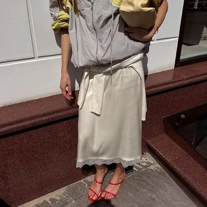 Jupe à bordure en dentelle pour femme, taille haute, patchwork uni, élégante et chic, idéale pour l'été et le bureau
