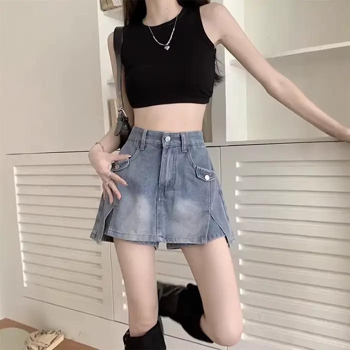 Jupe courte en jean amincissante pour femmes avec coupe trapèze fine, élégante et décontractée pour printemps été voyages et occasions spéciales