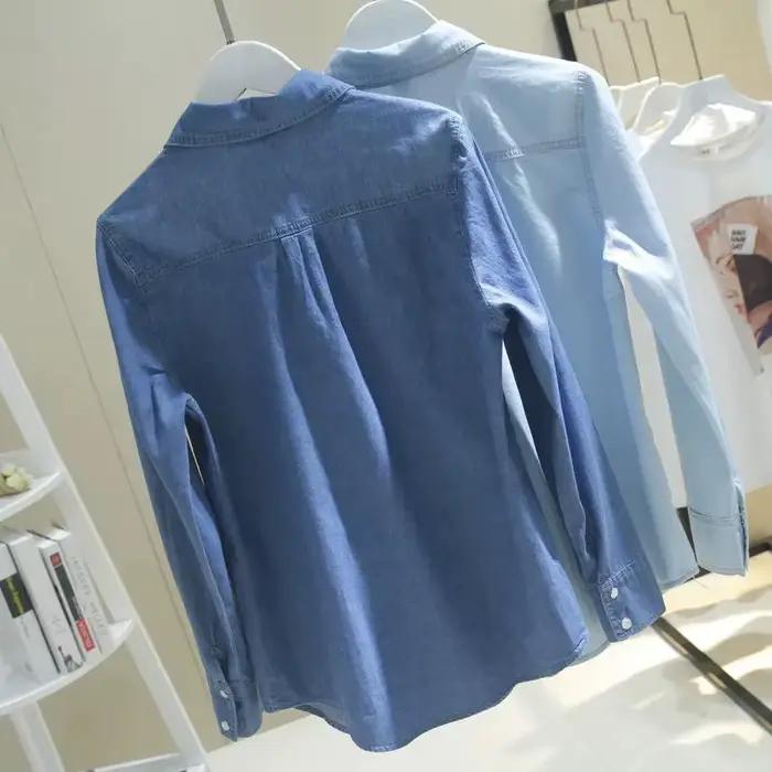Chemise en jean lavé à manches longues en coton pour femme – Nouvelle collection printemps-automne – Haut polyvalent et ajusté – Vêtement décontracté fin style cowboy