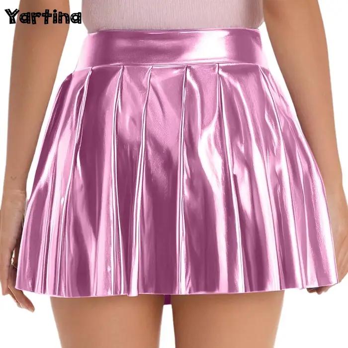 Jupe courte plissée métallique brillante pour femmes, taille haute, fermeture éclair latérale, froncée, holographique, ligne a, Mini jupe, Costume de fête Disco Rave