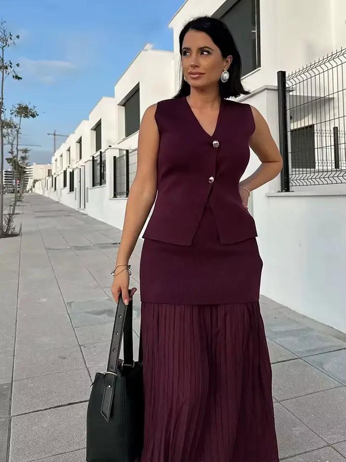 HH 2025 femmes jupe ensemble vin rouge tricoté col en v sans manches mince gilet + solide taille haute fermeture éclair