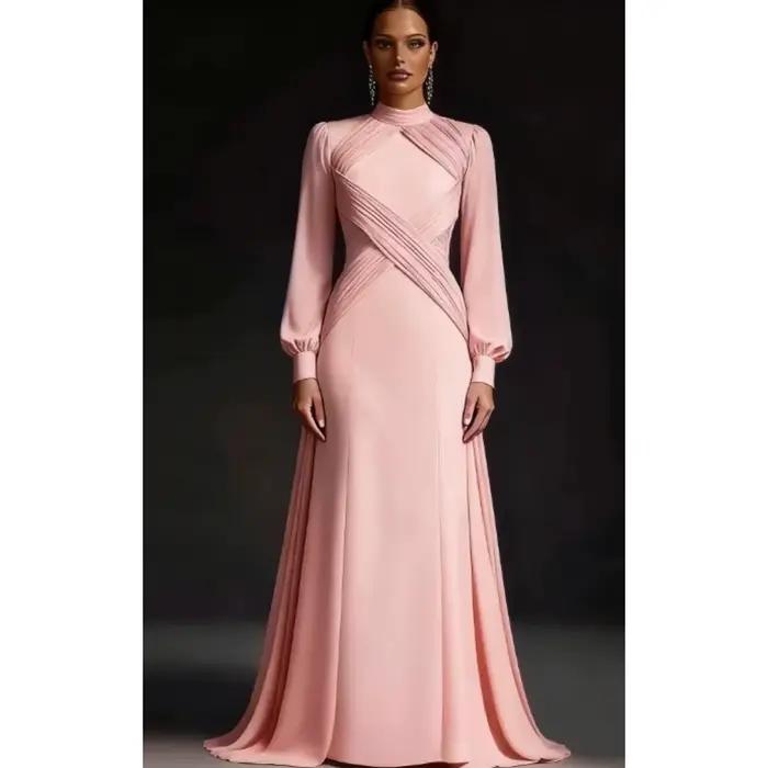 Robe de soirée longue à manches longues et col montant en lavande pour femmes, robe de soirée élégante à plis en jersey, longueur au sol, personnalisable
