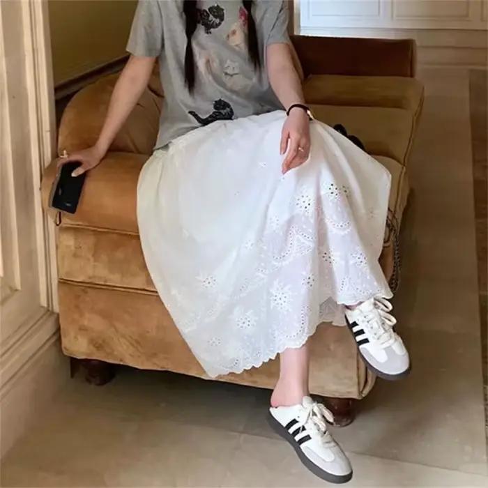 Jupe en coton blanc décontractée pour jeunes filles printemps été 2025 style une ligne ajustement empire longueur mi-mollet a-ligne
