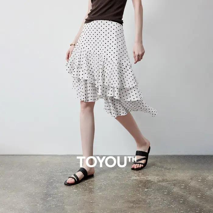 Jupe courte fluide asymétrique à volants superposés en mousseline à pois pour femme TOYOUTH