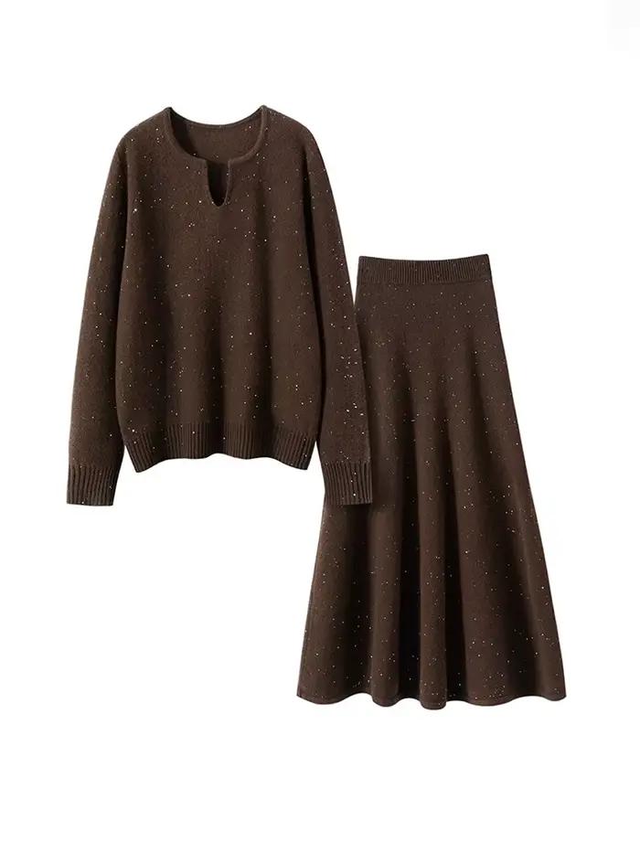 Chic femmes pull Suite jupe 100% cachemire a-ligne