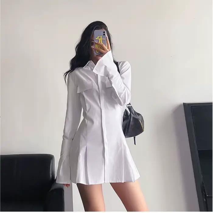 HOUZHOU Robe chemise noire femmes élégant Vintage robes à manches longues Sexy gothique plissé Streetwear col rabattu Robe décontractée