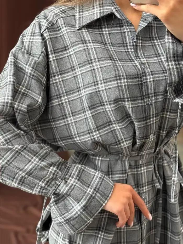 Chemisier ample à carreaux pour femme, manches longues, avec cordon de serrage, simple boutonnage, style vintage, décontracté, pour le printemps