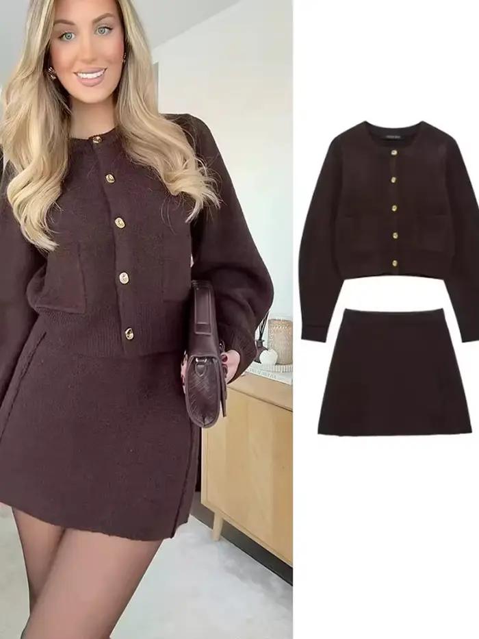 Jupe marron pour femmes style bureau tricotée avec boutonnage simple et taille élastique pour automne hiver occasions variées