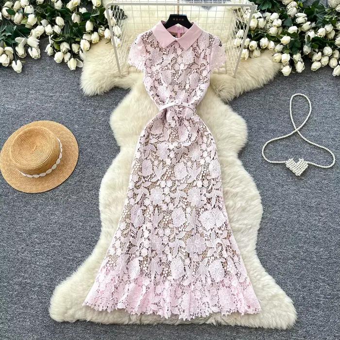 Robe longue rose pour femme avec col à revers