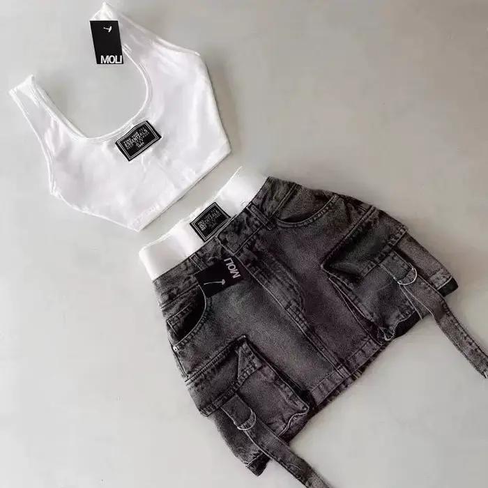 Jupes femmes Sexy jupe courte coupe ajustée décontracté jean régulier élégant épissure Denim taille haute hanche enveloppement une ligne poches été