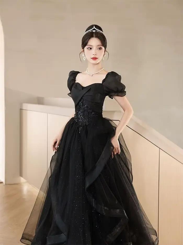 Robe de Soirée Longue Noire pour Femme, Tenue Française, Haut de Gamme, Manches Bouffantes, Demoiselle d'Honneur, Mariage, Nouvelle Collection