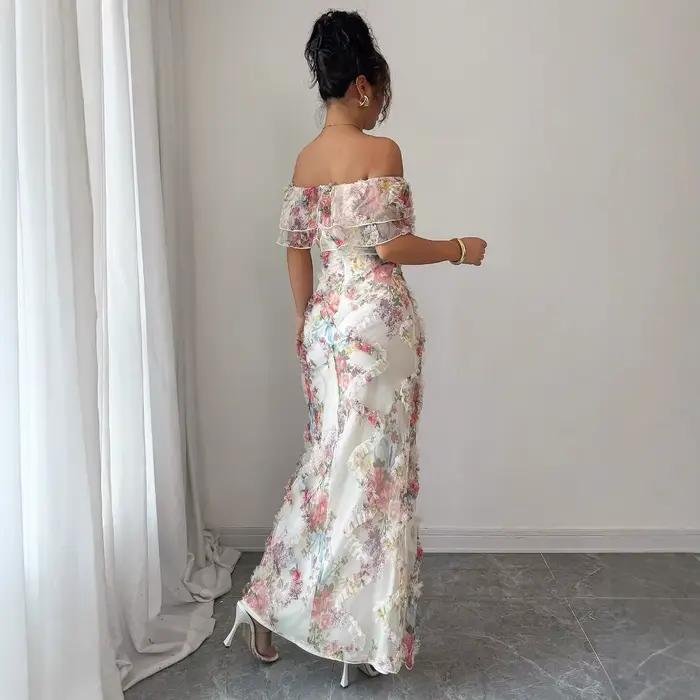 Robes pour femmes robe à volants élégante et romantique dames Sexy épaules dénudées ajustée maille robe florale robe de soirée pour femme