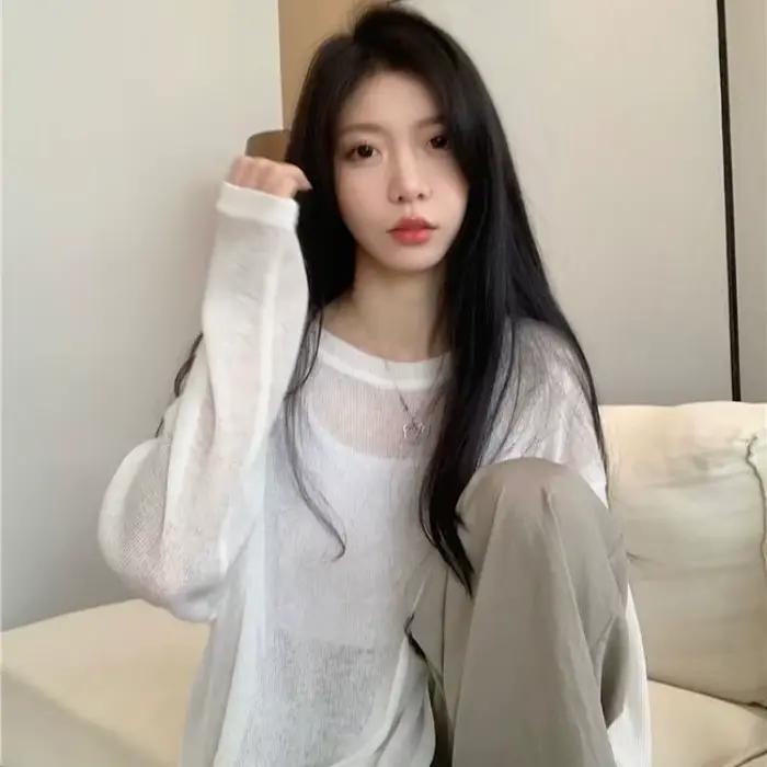 Femmes surdimensionné T-shirt printemps été col rond décontracté mode ample mince à manches longues haut pulls Chic blanc voir à travers T-shirt
