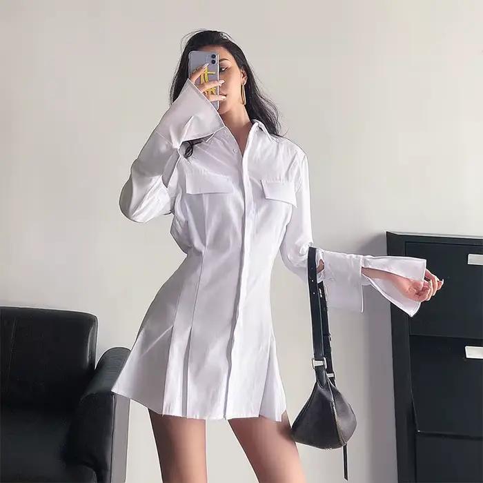 HOUZHOU Robe chemise noire femmes élégant Vintage robes à manches longues Sexy gothique plissé Streetwear col rabattu Robe décontractée