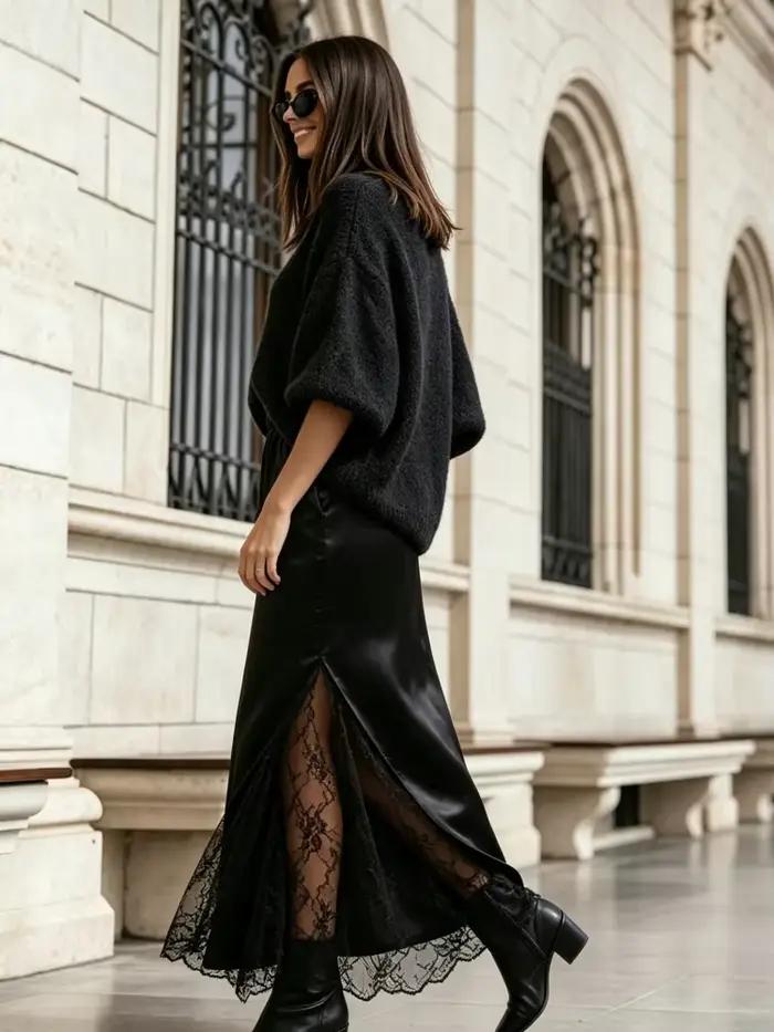 Jupe midi pour femmes, noire, en dentelle, avec fente latérale, longue, taille élastique, élégante, pour le streetwear, le bureau, les soirées et le quotidien.