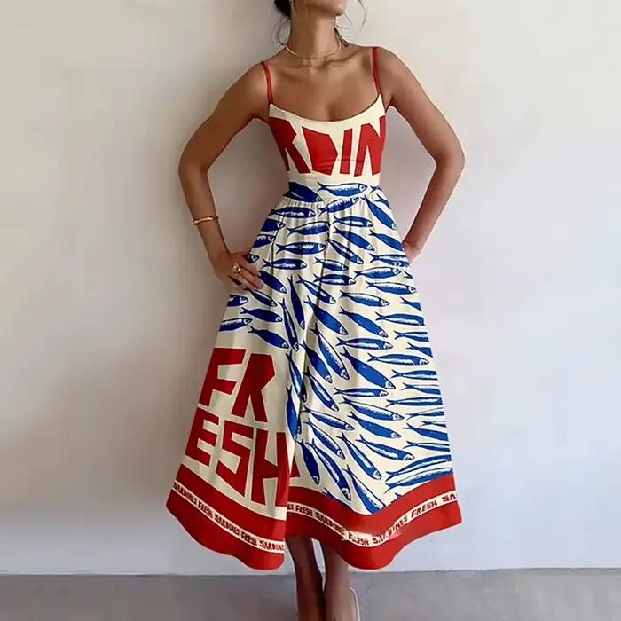 Robes longues élégantes pour femmes, nouvelle tendance d'été, col carré, épaules dénudées, sans manches, longueur au dos, robe imprimée