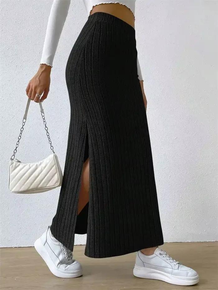 Femmes côtelé côté fendu Maxi jupe automne printemps décontracté élégant taille haute