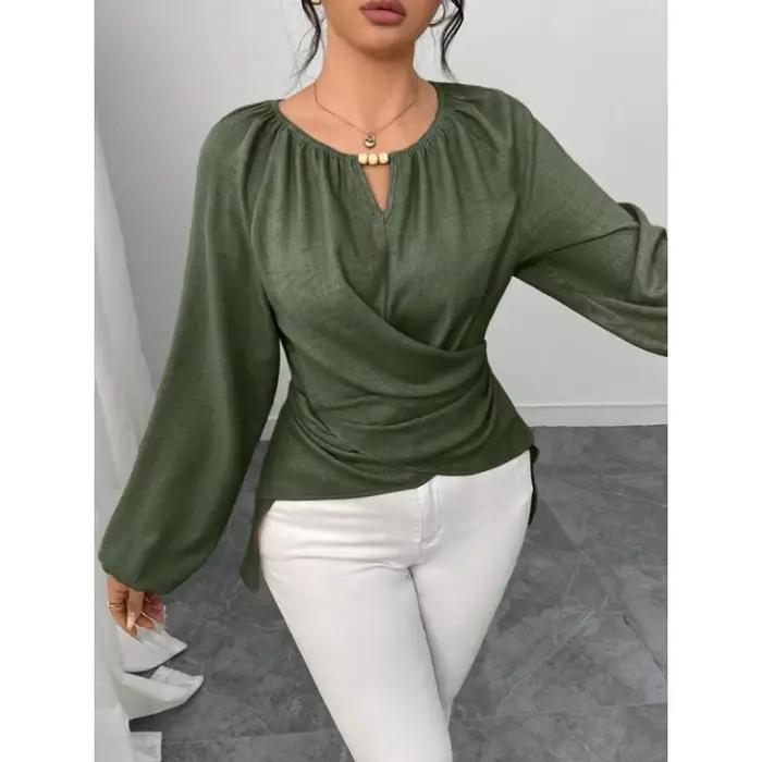 Chemisier élégant pour femme à col rond, détails perlés, manches longues lanternes, taille froncée, coupe ajustée, chemise texturée décontractée pour le quotidien