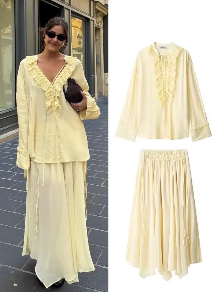 HH femmes élégant jupe costume solide manches longues dentelle chemise ample + fermeture éclair plissée tirer corde