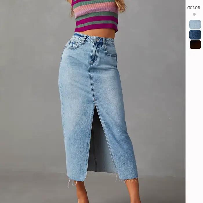 Jupe en jean moulante fendue coupe trapèze style Spice Girl sexy Printemps/Été 2026