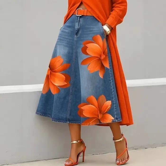 Jupes en jean pour femmes, mi-longues, coupe trapèze, imprimé floral, poches, élégantes, style Y2K, streetwear, décontractées, pour le travail, la plage, délavées, été
