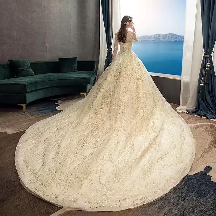 Robe De mariée Champagne avec traîne longue personnalisée, manches longues, nouvelle mode vintage, col haut, robe De bal, grande taille
