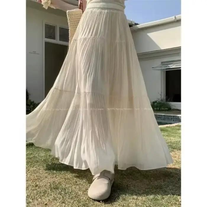 Nouvelle jupe plissée trapèze longue taille haute en gaze fine pour femme