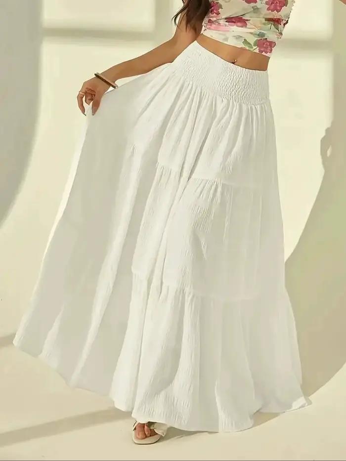 Jupe longue superposée à la mode pour femmes, grande taille, décontractée, couleur unie, taille élastique, demi-jupe pour vacances, date ou vacances