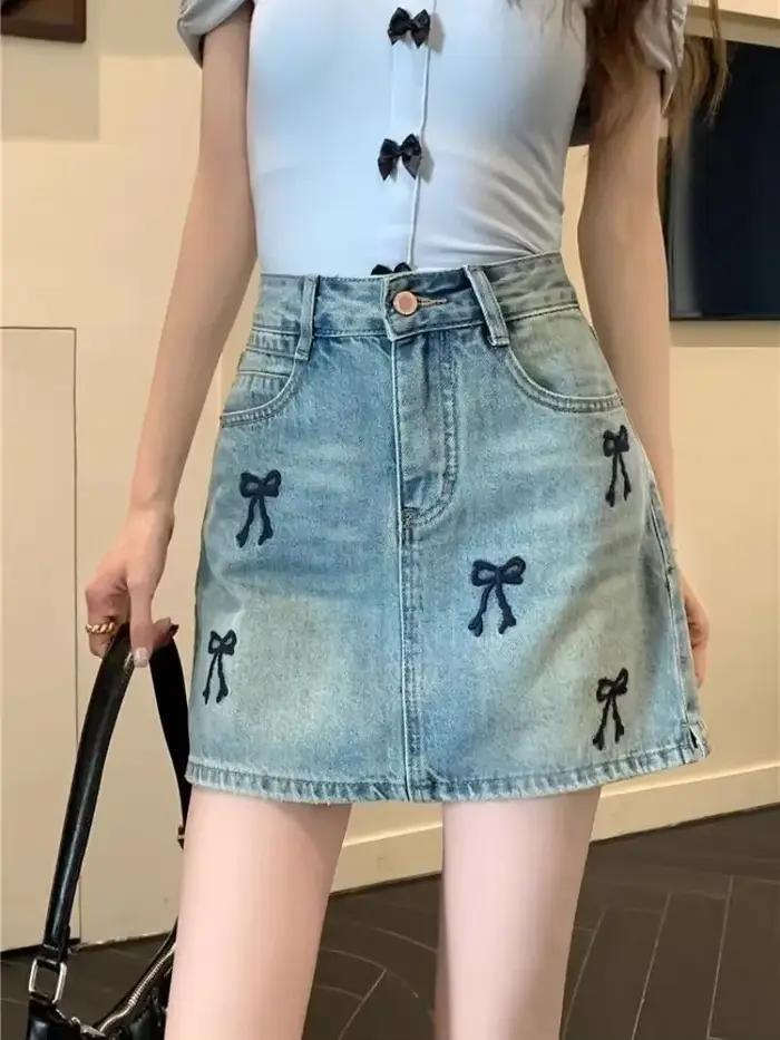 Jupe en jean brodée bleue pour femmes, taille haute, courte, Streetwear, qualité supérieure, Style coréen, Vintage Y2k
