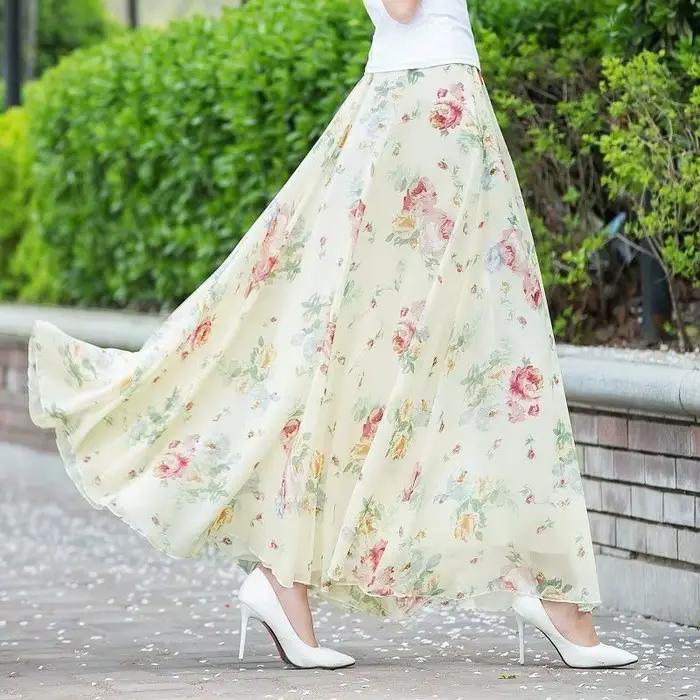 Mousseline de soie florale Maxi jupe d'été femmes longue taille haute vacances danse